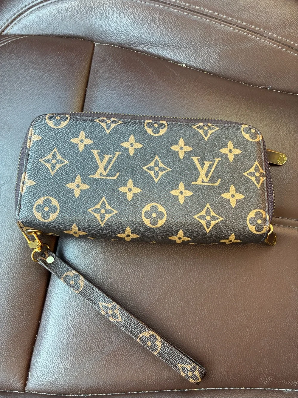 Louis Vuitton Brown Monogram Canvas Wristlet with Tan Monogram